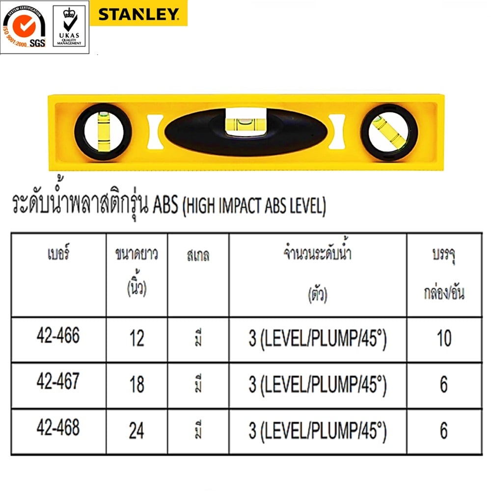 SKI - สกี จำหน่ายสินค้าหลากหลาย และคุณภาพดี | STANLEY 42-466 ระดับน้ำ I-BEAM วัสดุ ABS สีเหลือง 12นิ้ว (KKM)
